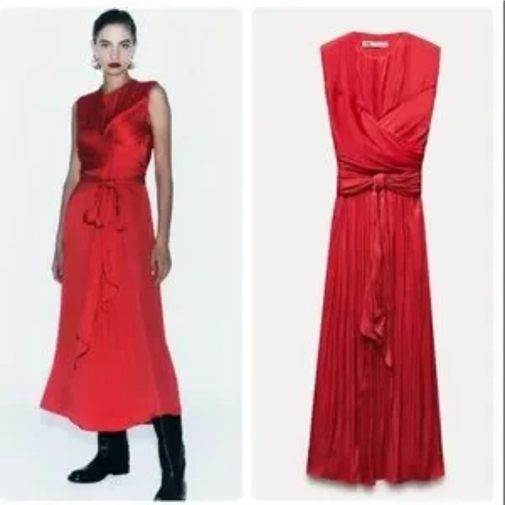 NWT Zara satin effect midi dress red xs